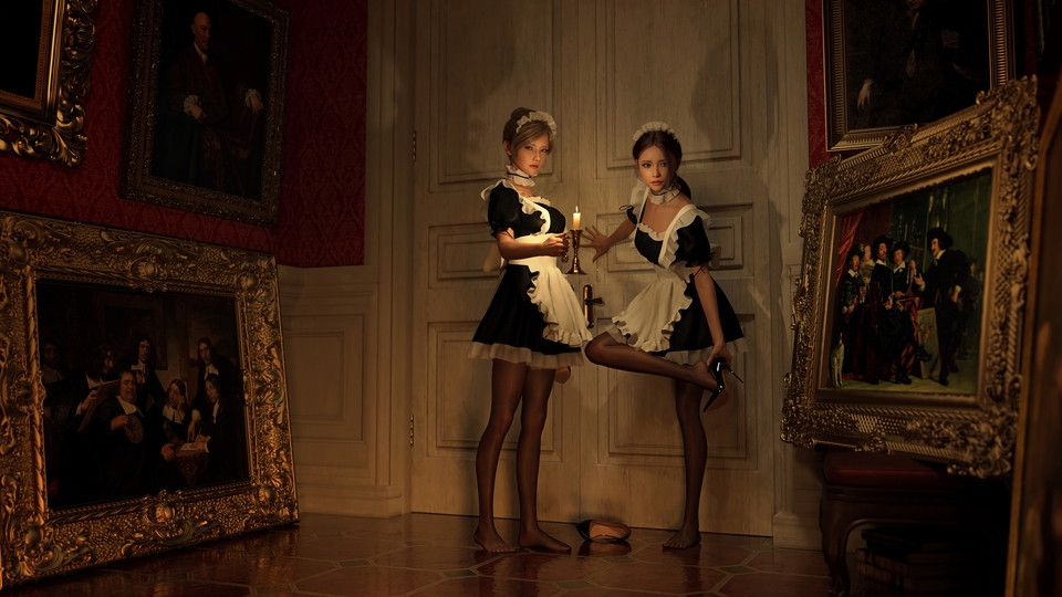 两位女仆进门后的一幕 3D绘画 名画 油画女仆 美腿 黑丝 高跟鞋  动漫桌面壁纸 4k-PixStock 源像素