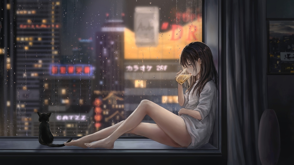 女孩依靠窗台喝水 城市夜景 飘窗  雨天 猫 好看的唯美动漫壁纸宽屏 4K-PixStock 源像素