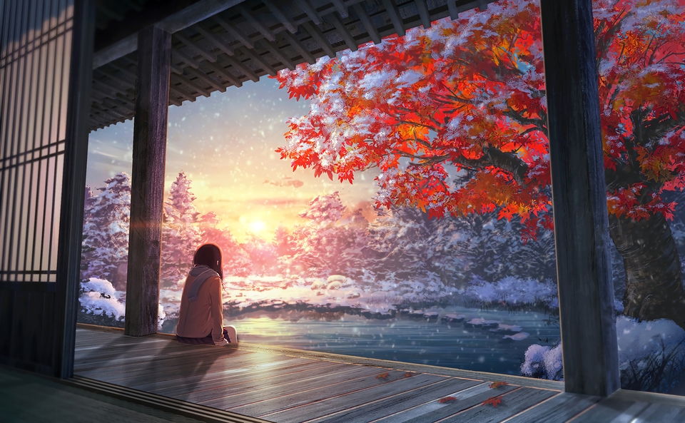 走廊上的日本动漫女孩子 背影 雪景 红色枫叶风景 外廊 冬景色 夕阳 晚霞宽屏桌面壁纸 4K-PixStock 源像素