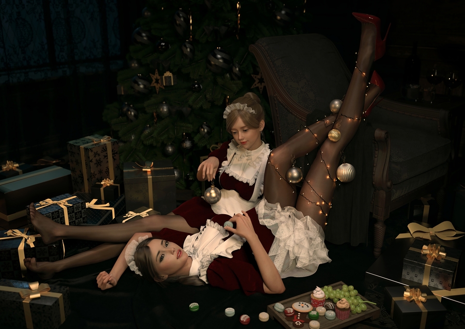 两个女仆 黑丝袜 美腿 圣诞节 圣诞树 圣诞礼物 动漫美女高清壁纸 4k-PixStock 源像素