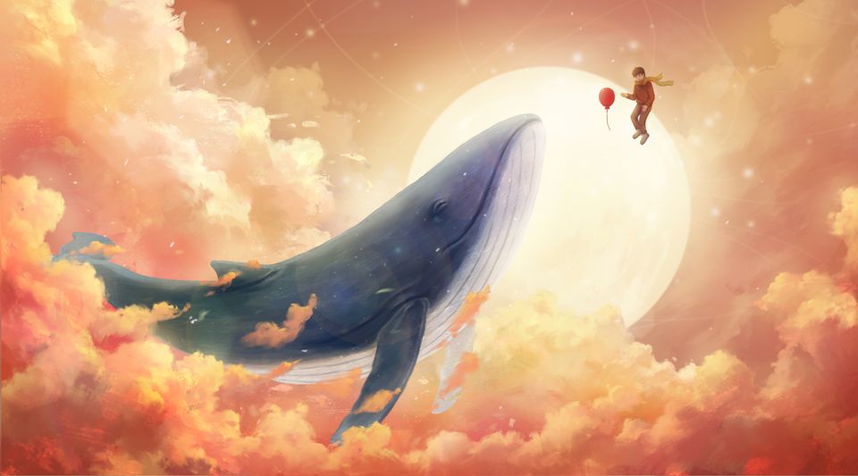 与鲸鱼的天空之旅 创意插画 梦幻 鲲 大鱼 桌面壁纸 4K-PixStock 源像素