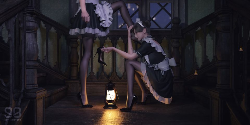 两个女仆 女仆装 黑裤袜 黑色高跟鞋 油灯 楼梯 动漫壁纸 4k-PixStock 源像素