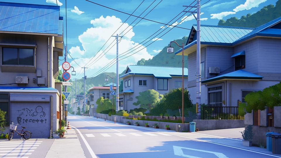 好看的日本街道 干净的动漫插图 宫崎骏风格 高清素材桌面壁纸 2K-PixStock 源像素
