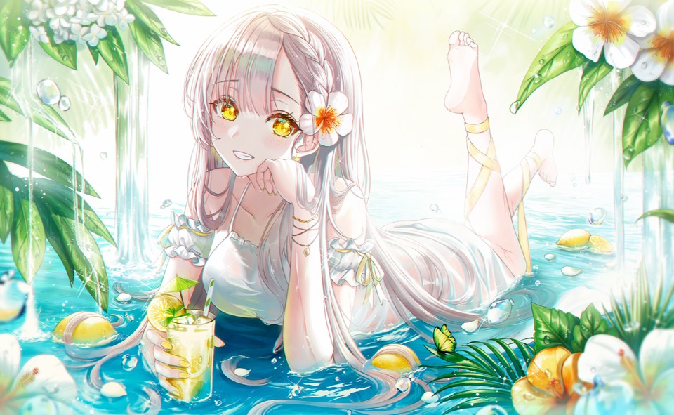 趴在水中的动漫女孩 夏日清凉长发日本动画 高清桌面壁纸 4K-PixStock 源像素