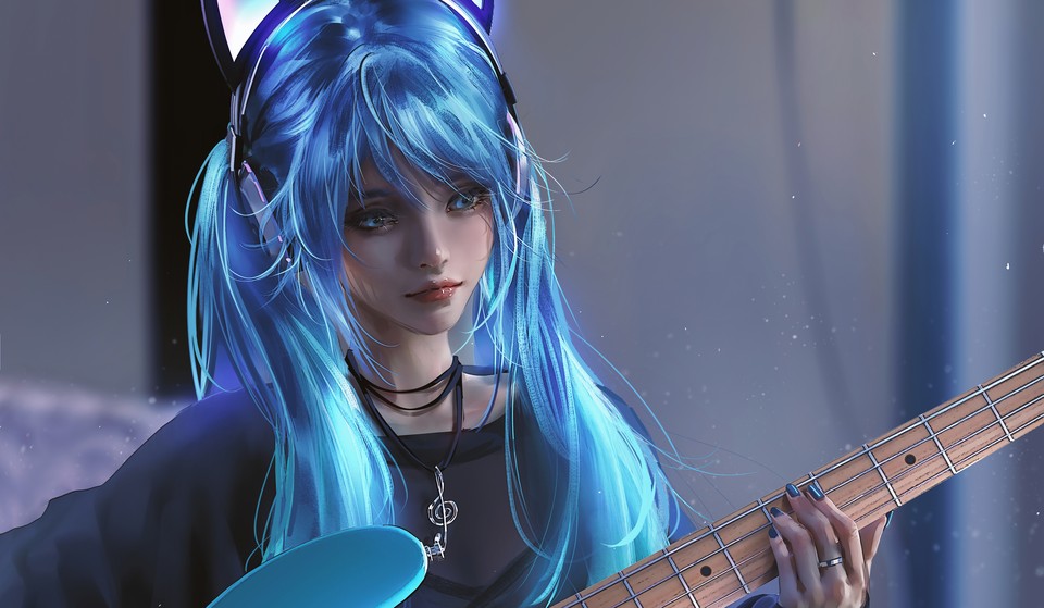 蓝色头发猫耳女孩 吉他 厚涂画 动漫壁纸 4k-PixStock 源像素