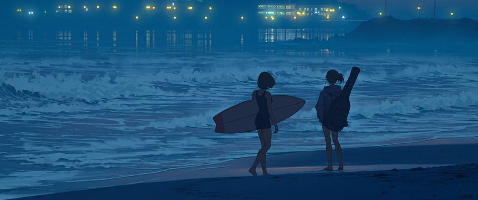 傍晚 海边 海浪 两个女孩 冲浪板 吉他带鱼屏壁纸 3440×1440-PixStock 源像素
