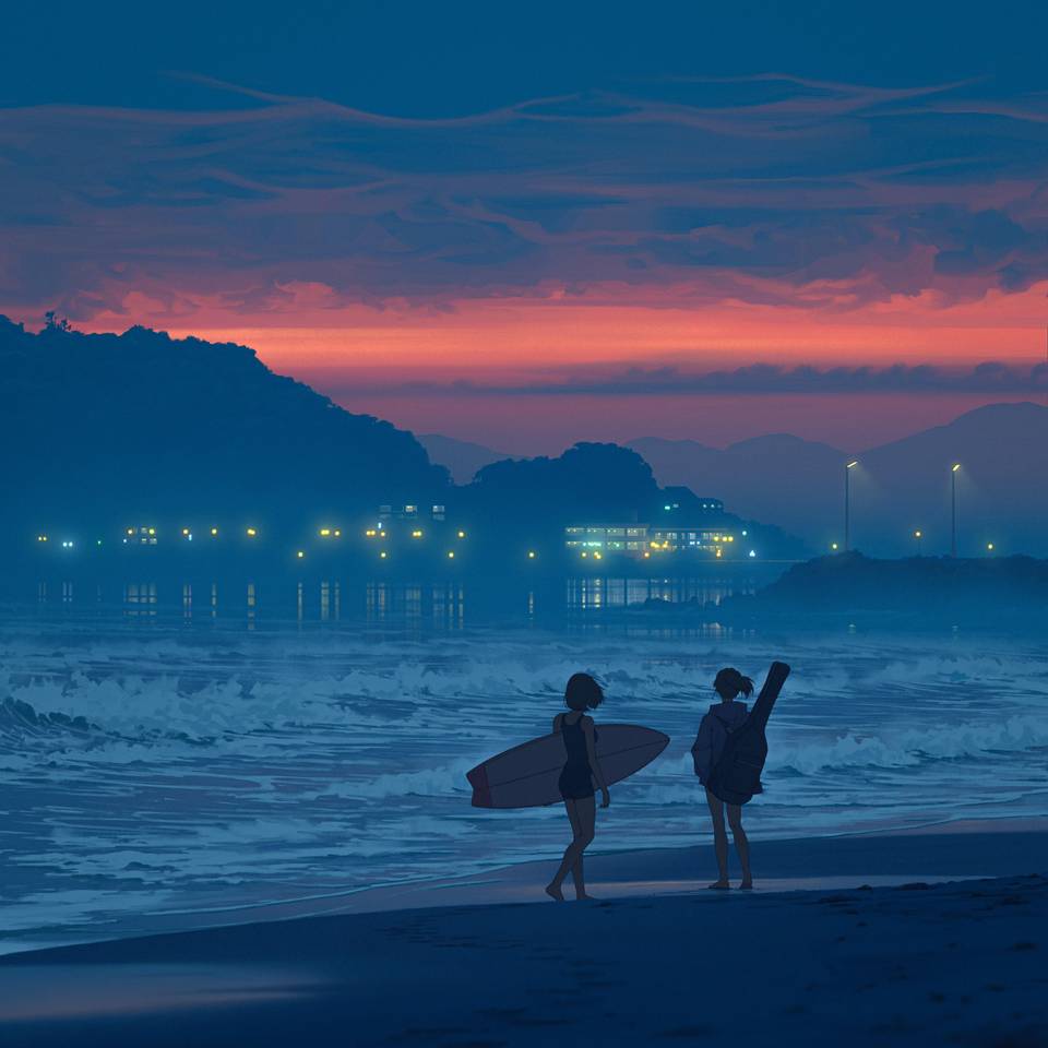 晚霞 海边 两个女孩 背影 冲浪板 吉他 平板电脑 动漫壁纸 4k-PixStock 源像素