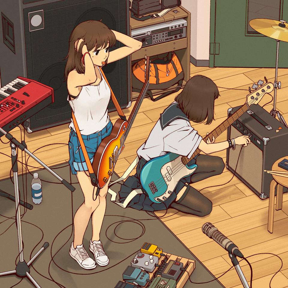 音乐室 两个女孩 水手服 吉他 音乐器材设备 正方形 动漫壁纸 4k-PixStock 源像素