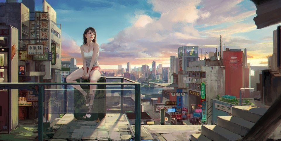身穿吊带居家服的女孩坐在阳台上 动漫城市风景手绘高清电脑壁纸 8K-PixStock 源像素