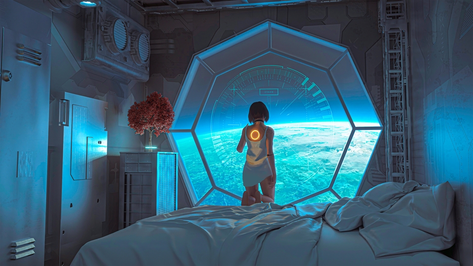 未来科幻 太空 宇宙 房间 床 树 机械人女孩 星球 动漫壁纸 4k