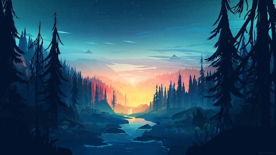 晚上 森林 湖泊 山脉 水 瀑布 云 星星 手绘风景壁纸 4k